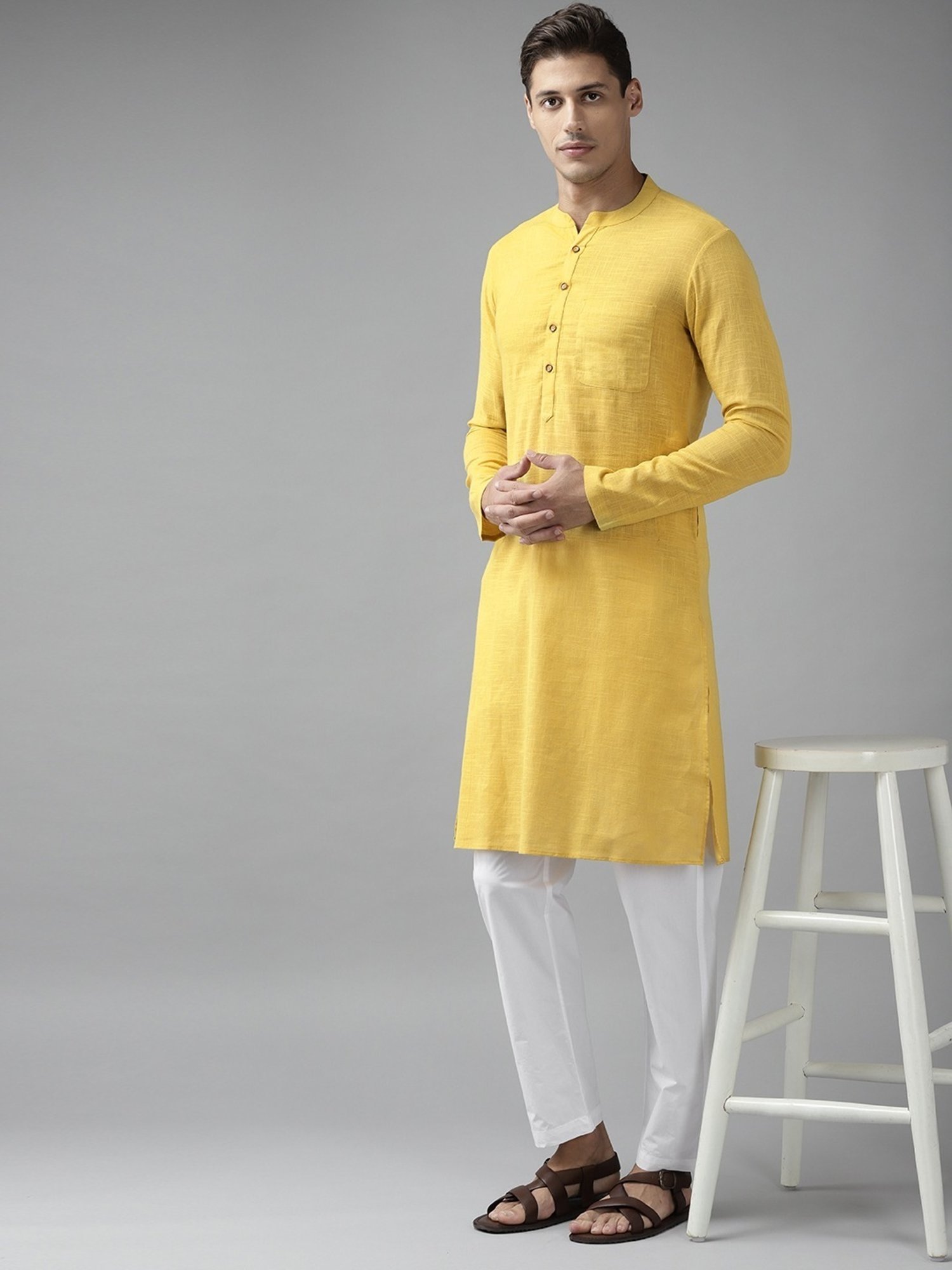 See Designs Yellow & White Cotton Regular Fit Kurta Bottom Set
