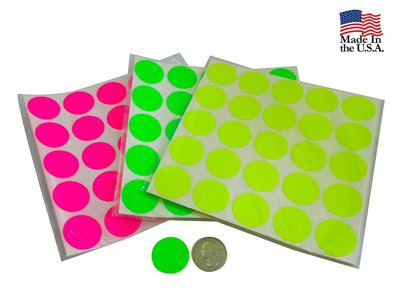 Color Coding Labels Super Bright Fluorescent Neon Yellow, Green, and Pink Round Circle Dots For Organizing Inventory 1 Inch 1,500 Total Adhesive Stickers (500 of each color)