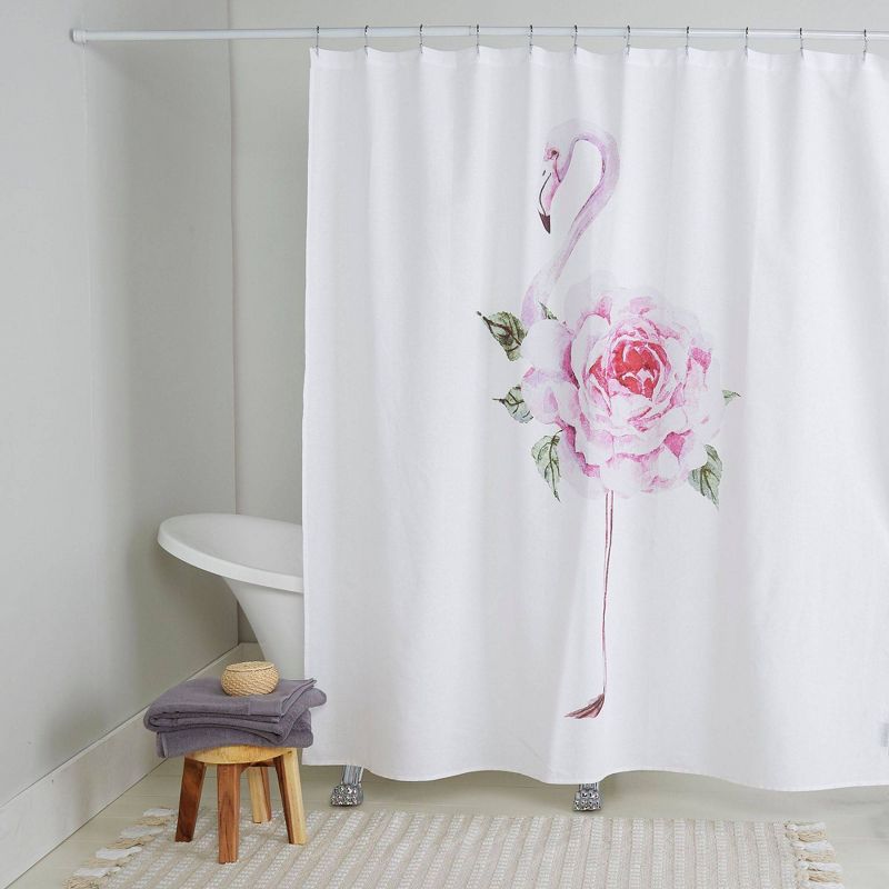 72"x72" Flamingo Rose Cotton Fabric Shower Curtain White/Pink - Nicole Miller