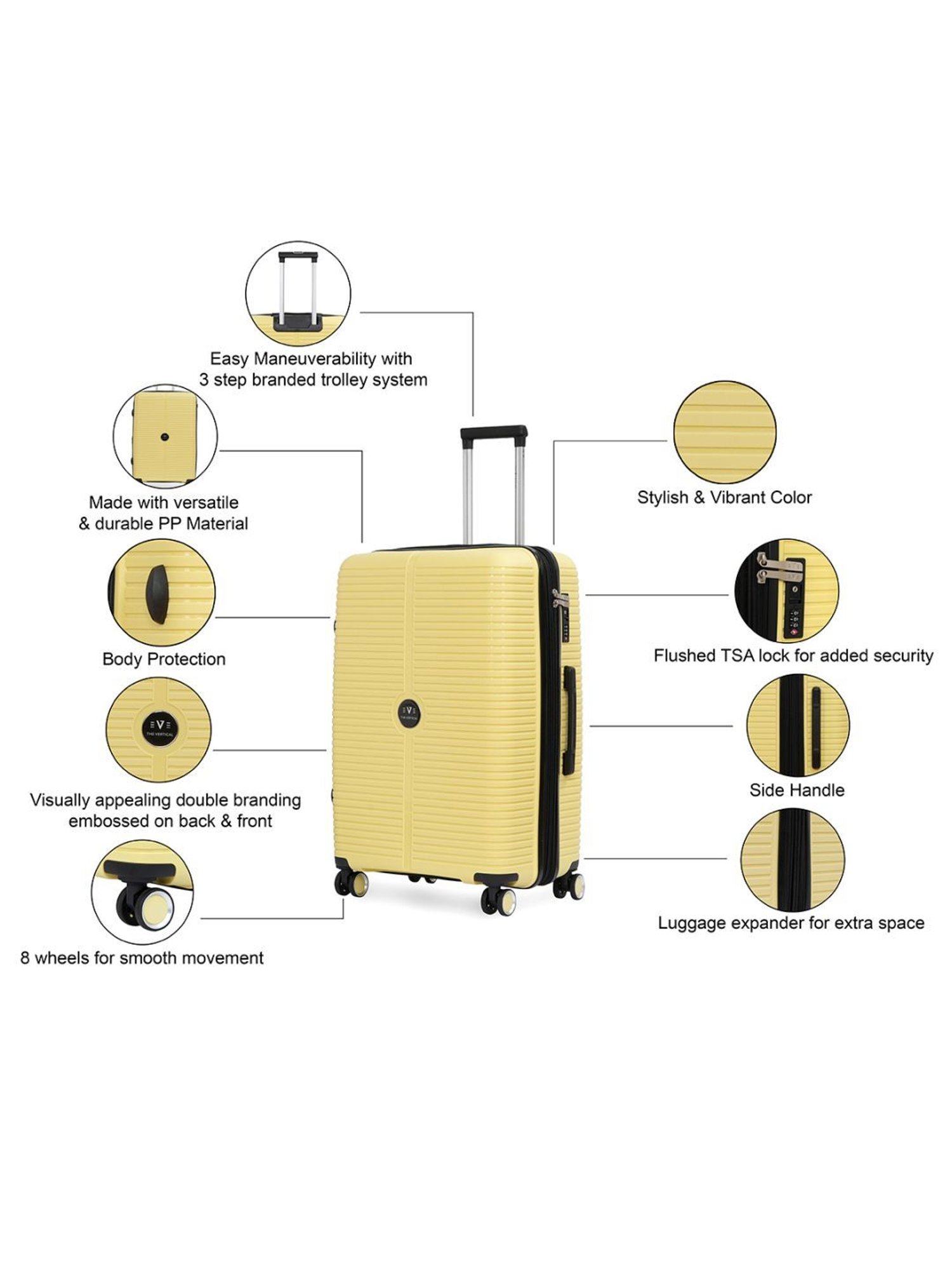 The Vertical Stellar Yellow Wheels 8 Large Hard Cabin Trolley Bag