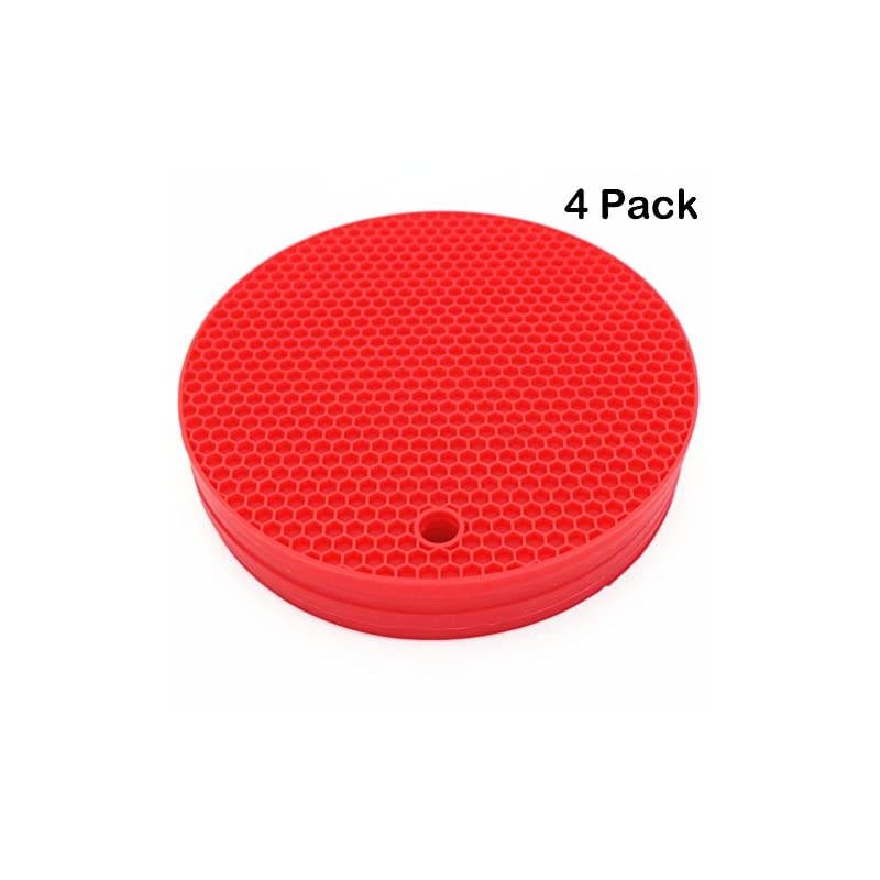 Lucky Plus Silicone Trivet for Hot Dish and Pot Hot Pads Counter Mat Heat Resistant Tablemats or Placemats 4 Pack,Size:7x7 Inch, Color: Red, Shape:Round