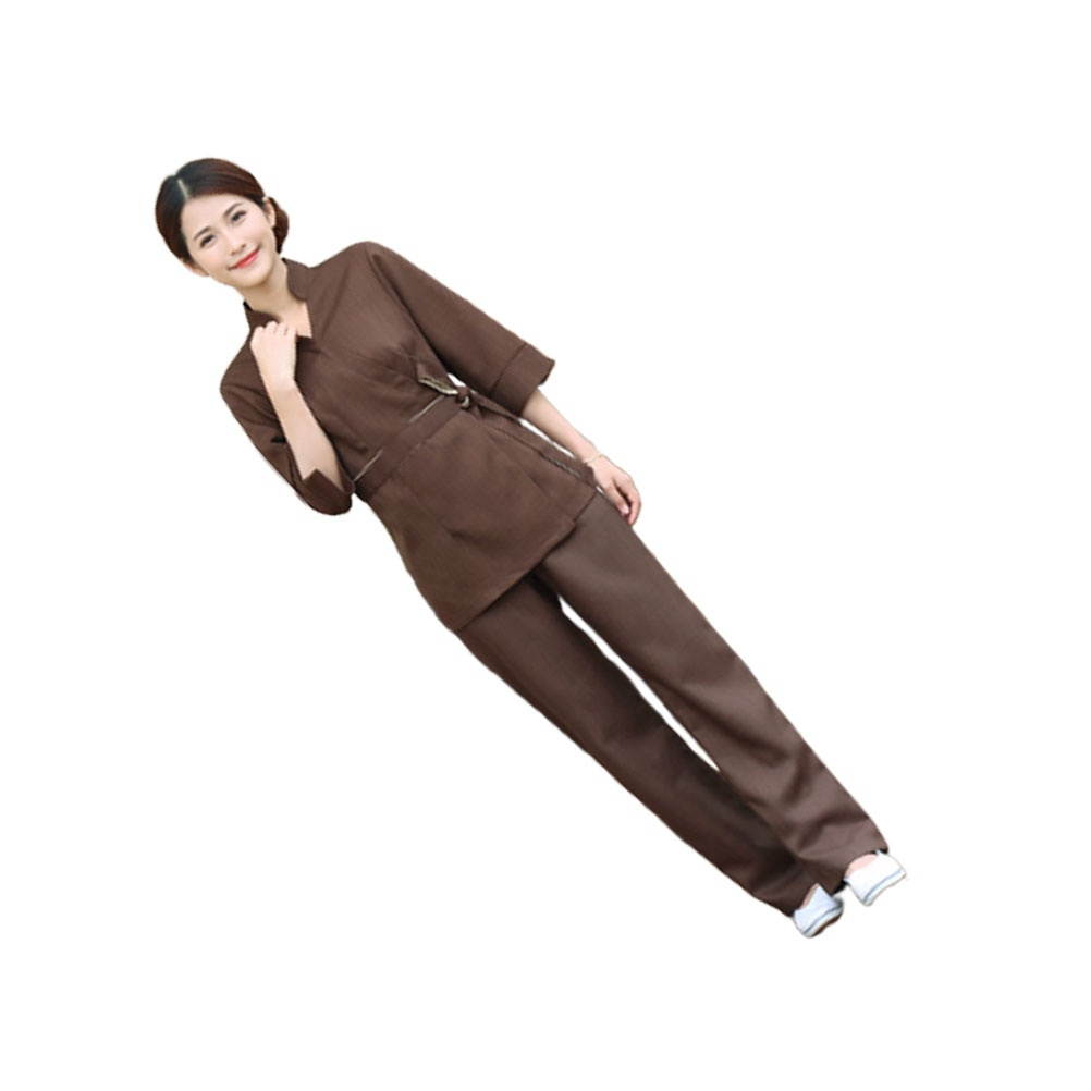 1 Set/2pcs Unique Design Beautician Uniform Hospital Apparel Clothes Labour Suit Two-pieces Fashion Costume for Woman (Coffee, Size M)