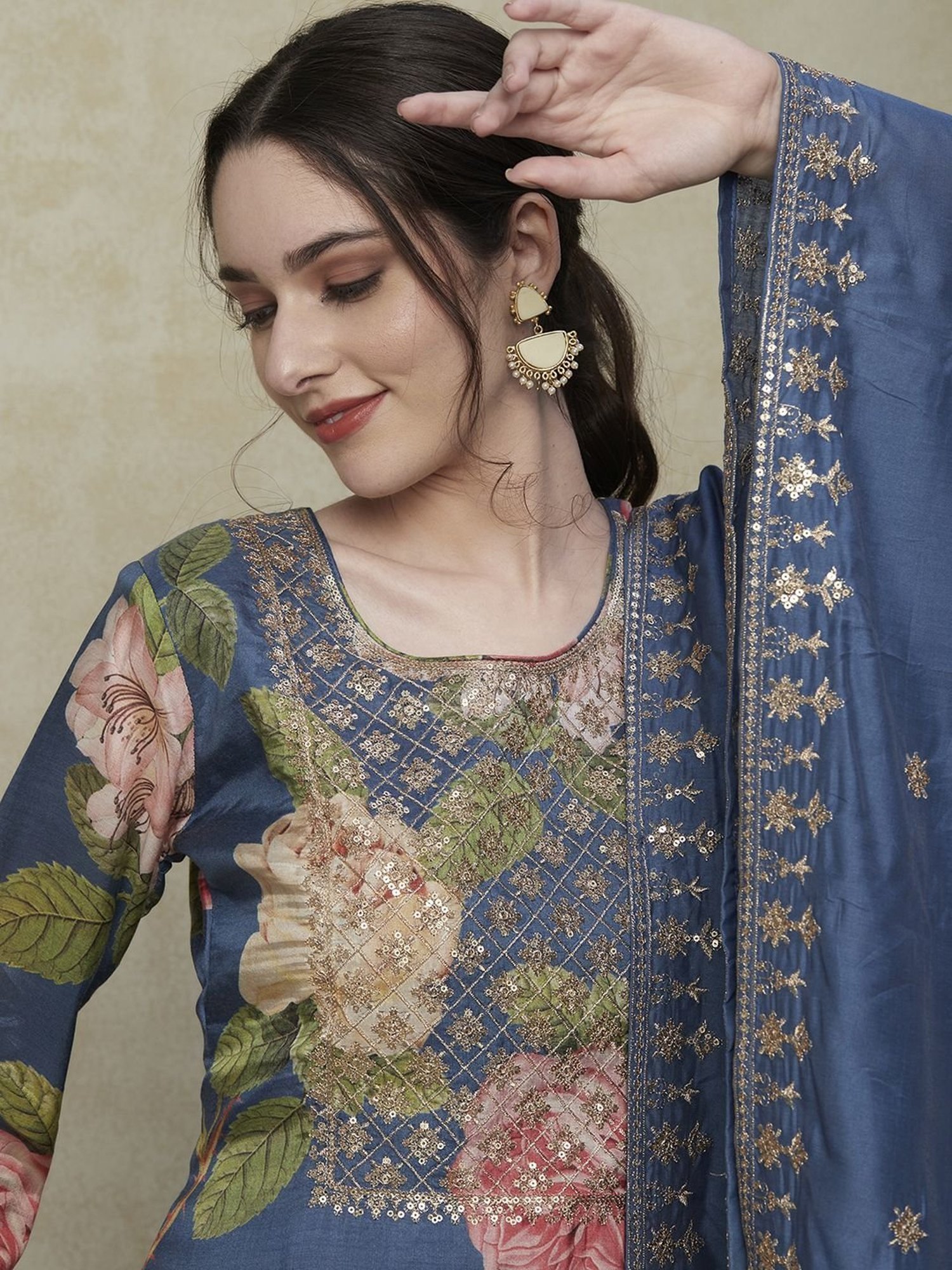 Fashor Blue Printed Kurta Pant Set With Dupatta