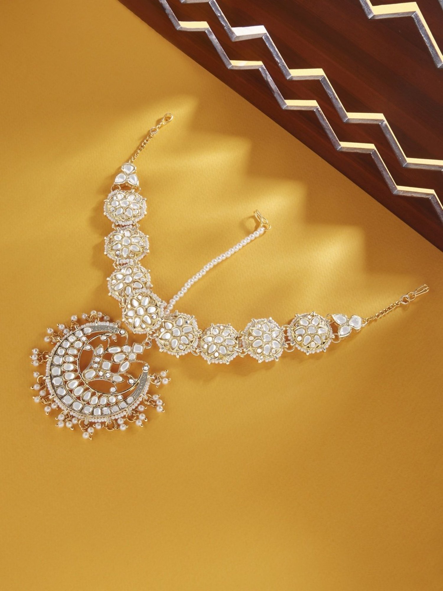 Zaveri Pearls Gold Tone Kundan & Pearls Bridal Crescent Matha Patti Style Maangtikka-ZPFK13525