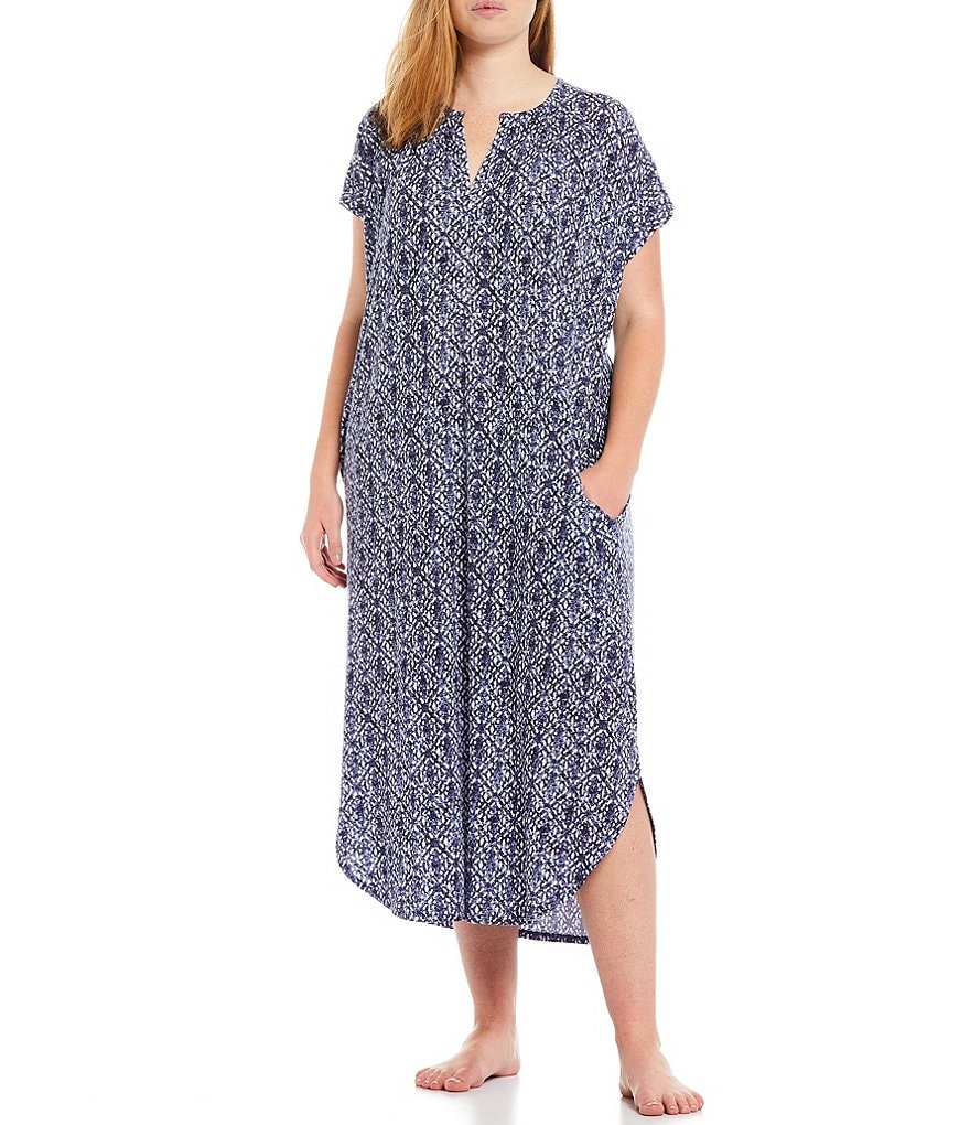 Miss Elaine Petite Silky Knit Square Neck Short Sleeve Checked Print Short Nightgown