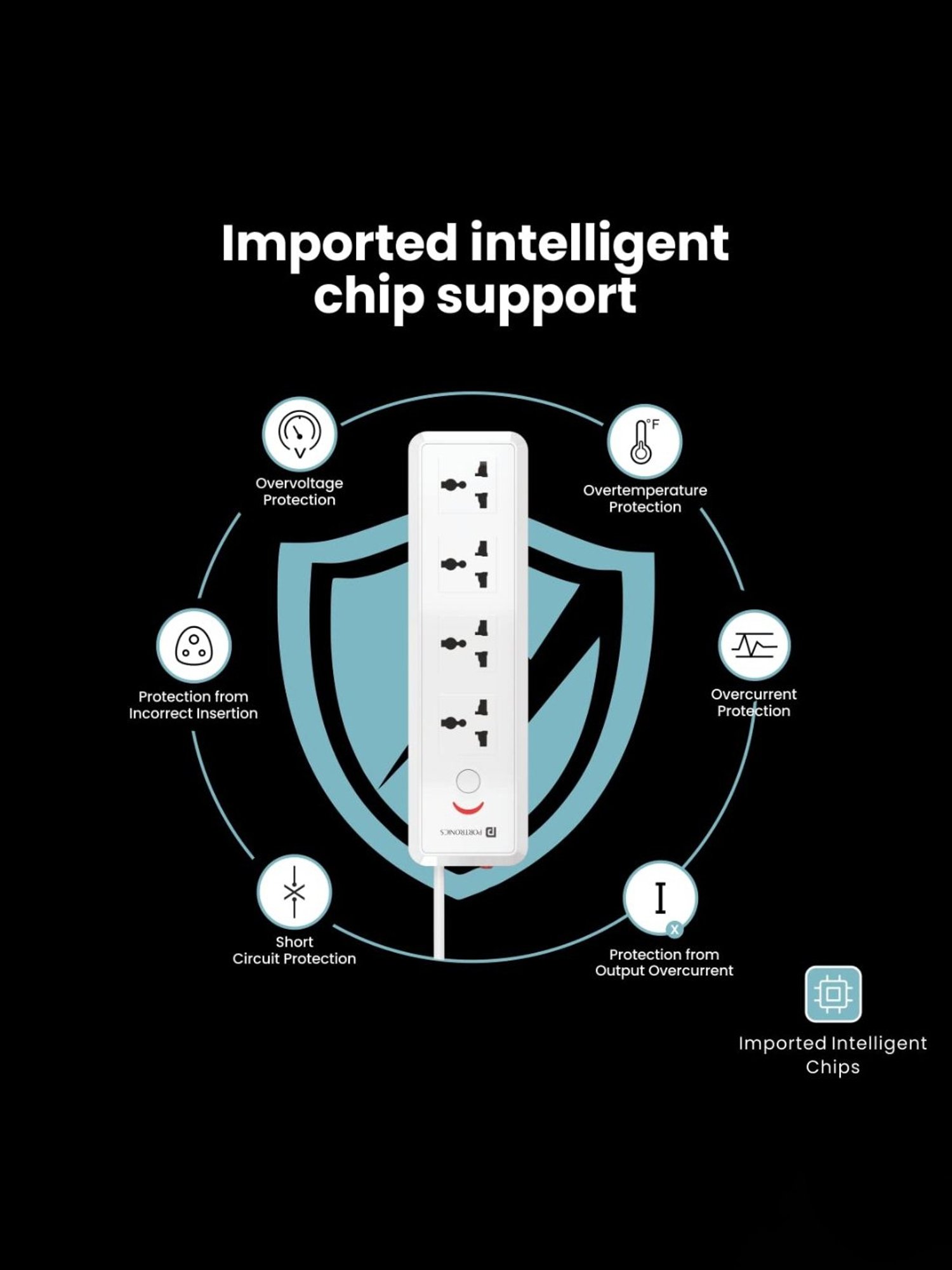 Portronics Power Plate 11 1500W Power Converter with 4 Power Sockets, 3M Cord Length (White)