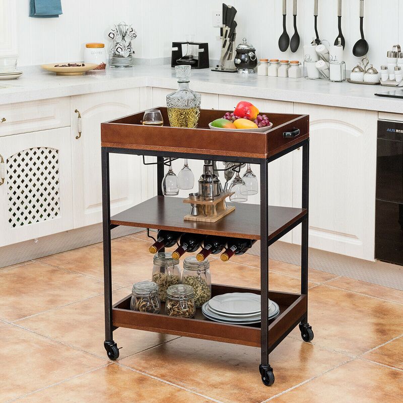 Costway 3 Tier Trolley Cart Kitchen Island Serving Bar Cart w/ Glass Holder & Wine Rack