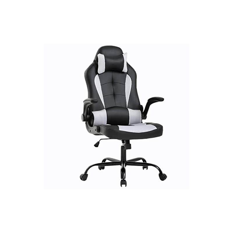 Chair Office Chair Desk Chair with Lumbar Support Flip Up Arms Headrest Swivel Rolling Adjustable PU Leather Racing Computer Chair for Back Pain,White