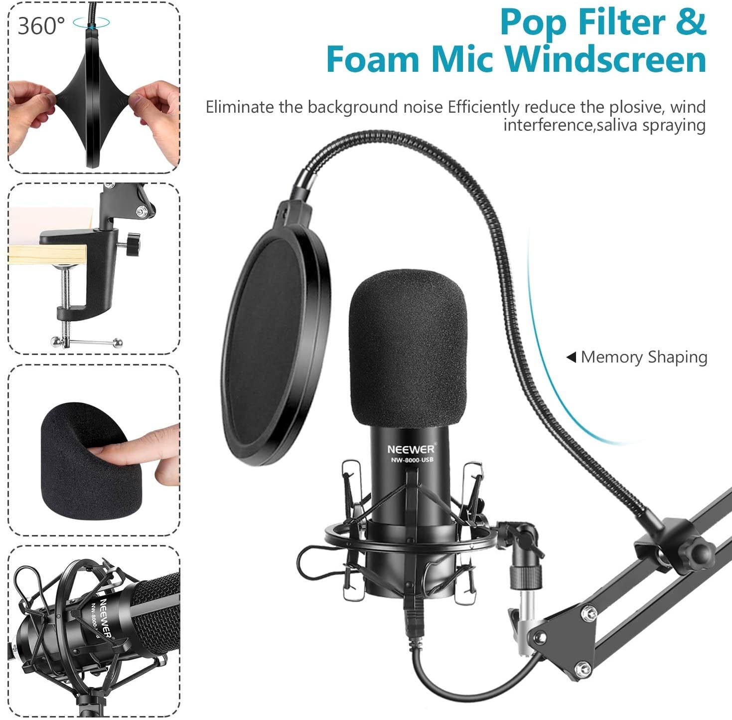 USB Microphone Kit 192KHz/24Bit Plug&Play Cardioid Condenser Mic with Monitor Headphones, Foam Cap, Arm Stand and Shock Mount for Karaoke/YouTube/Gaming Record/Podcasts/Singing etc