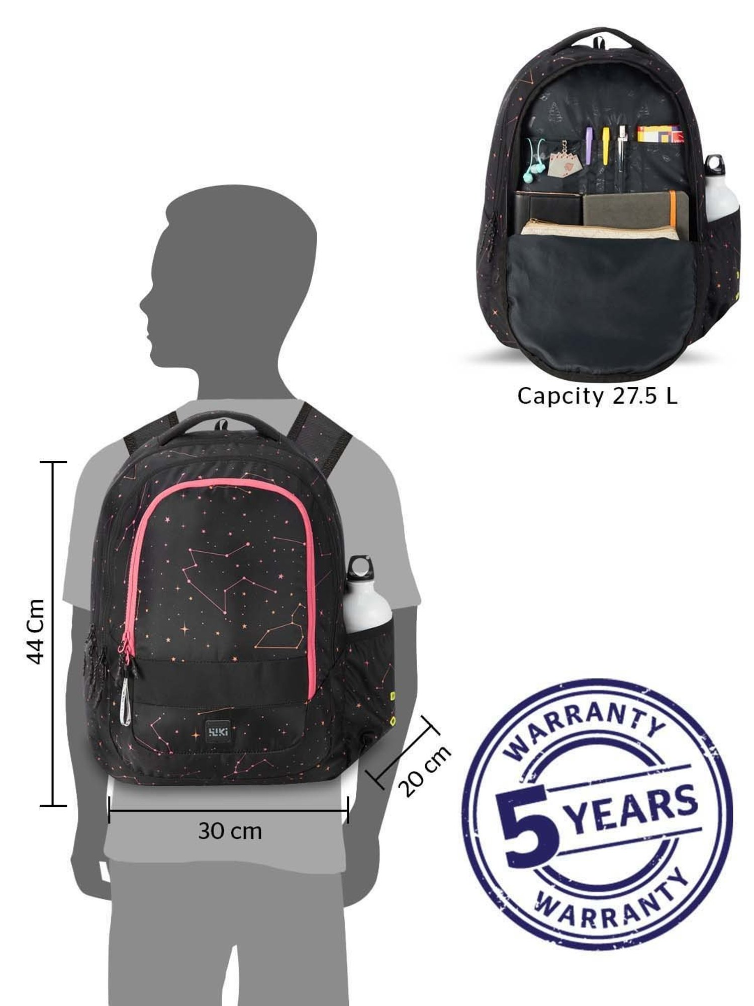 Wiki 27.5 Ltrs Black Medium Backpack