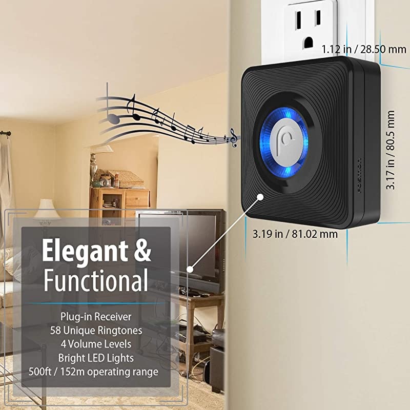 WaveLink 51009HOM Wireless Door Open Chime 500FT 58 Tunes 4 Volume Levels LED Indicators 1 Magnetic Door Entry Alert Security Contact Sensor 1 Wireless Doorbell Plugin Receiver