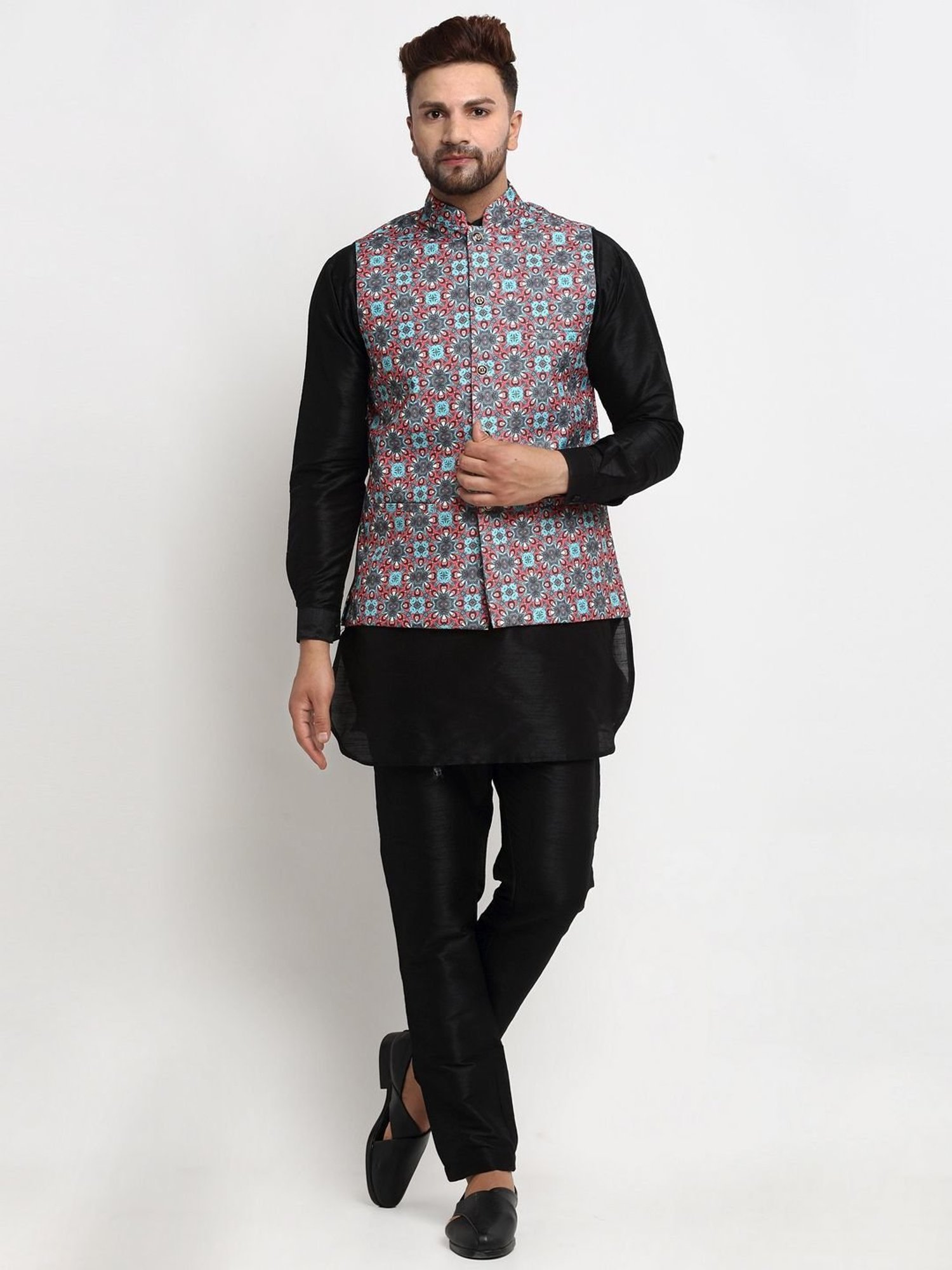 Benstoke Black & Sky Blue Regular Fit Floral Print Kurta Set With Jacket