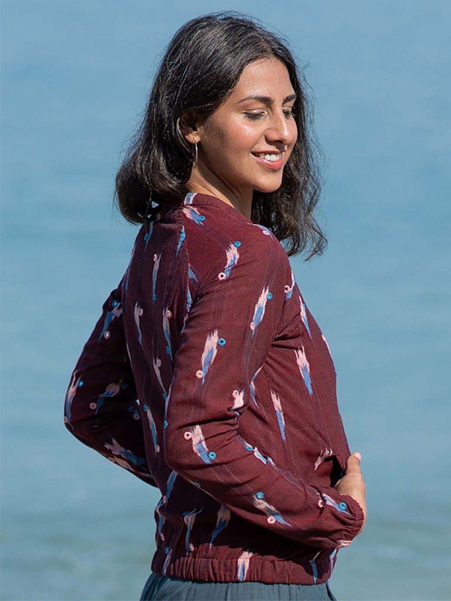 Okhai Mahogany Maroon Pure Cotton Hand Embroidered Bomber Jacket