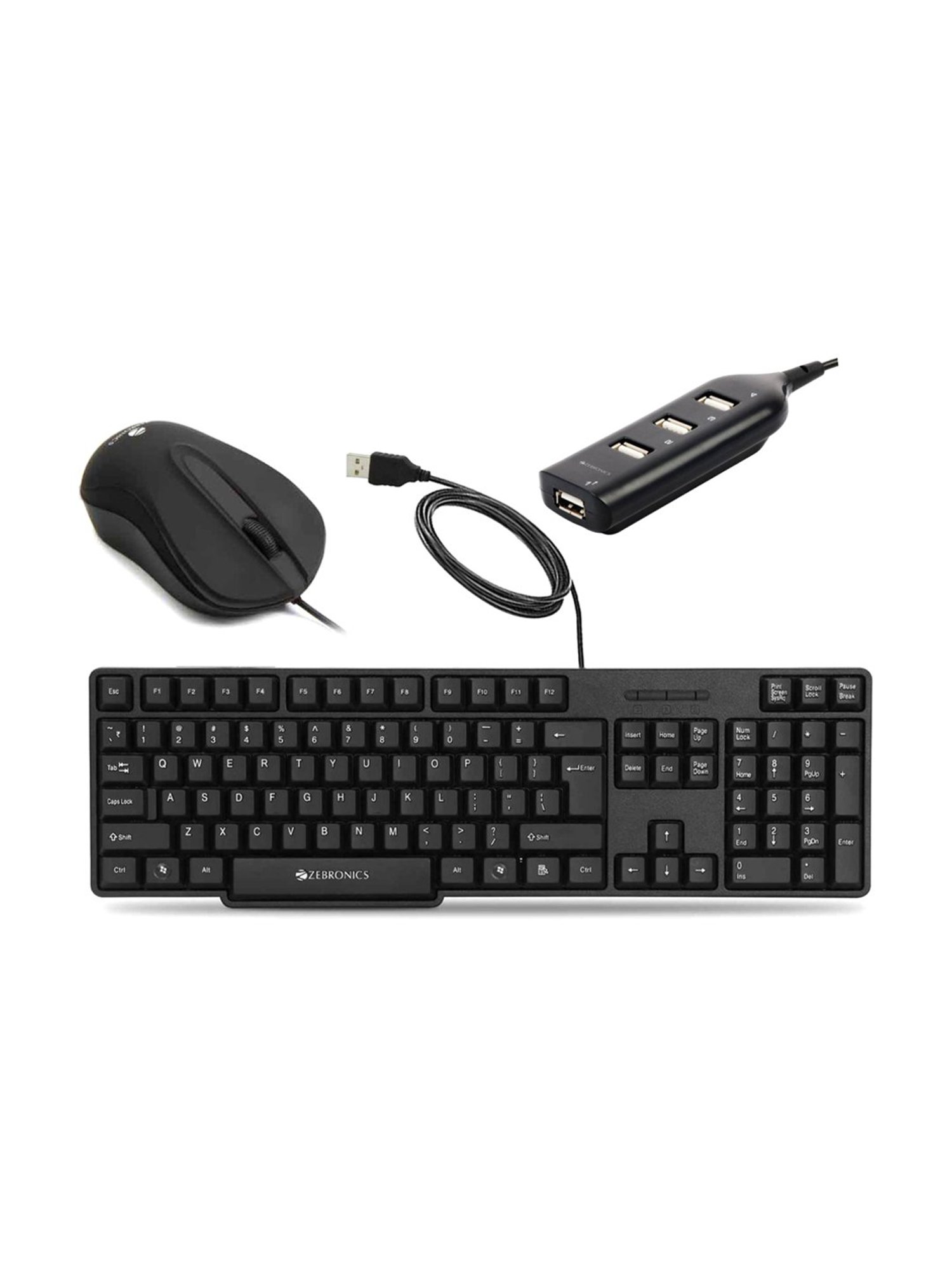 Zebronics Zeb-K20 Keyboard, ZEB-WING Wired Optical Mouse & ZEB-90HB USB Hub Combo Set (Black)