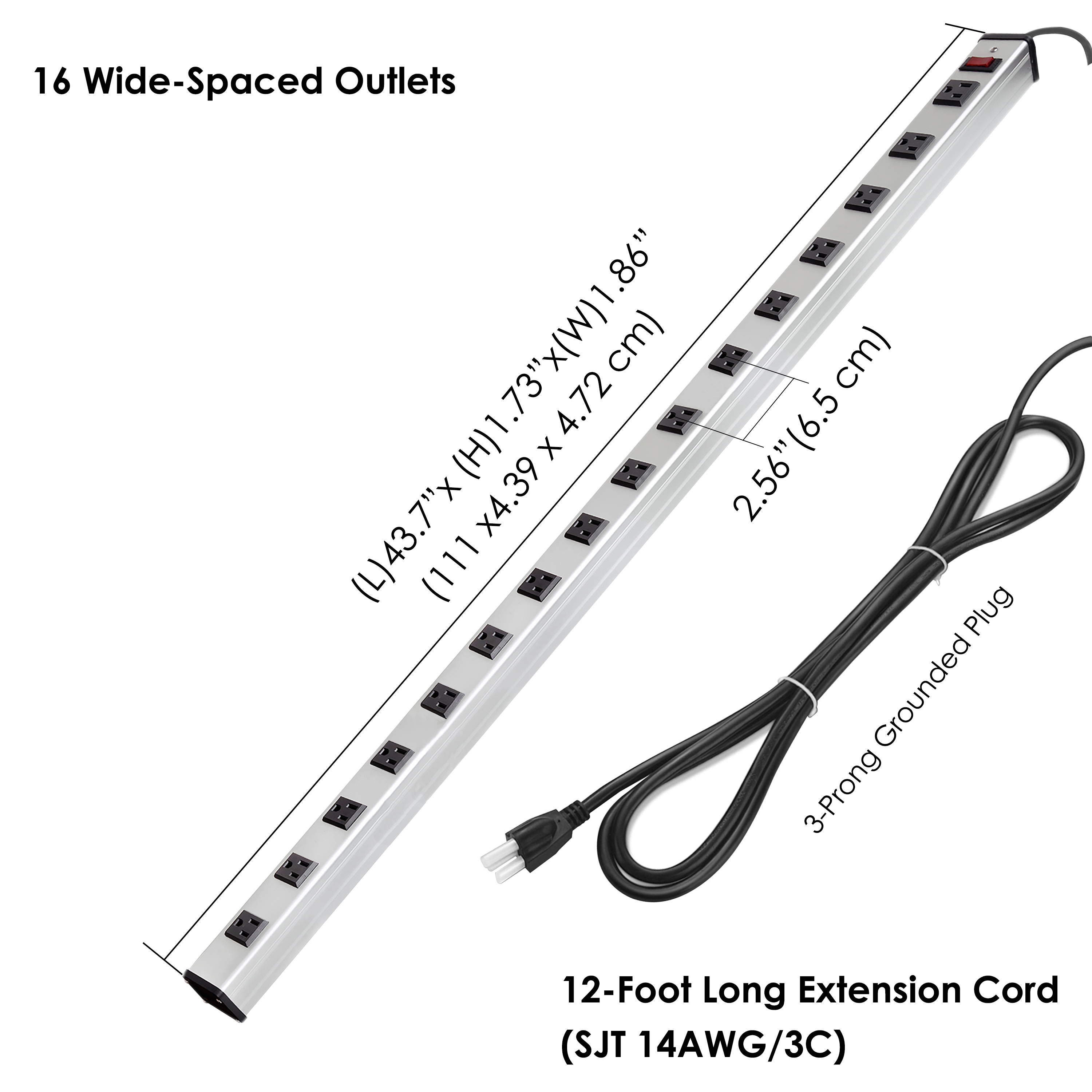 BESTTEN 12-Foot 16-Outlet Heavy Duty Aluminium Alloy Metal Power Strip, Ultra Long Extension Power Cord, 15A ON/Off Circuit Breaker, Mounting Brackets Included, UL Certified, Silver