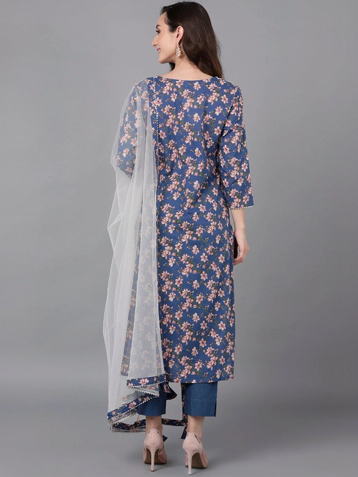 Vaamsi Blue Rayon Floral Print Kurta Pant Set With Dupatta