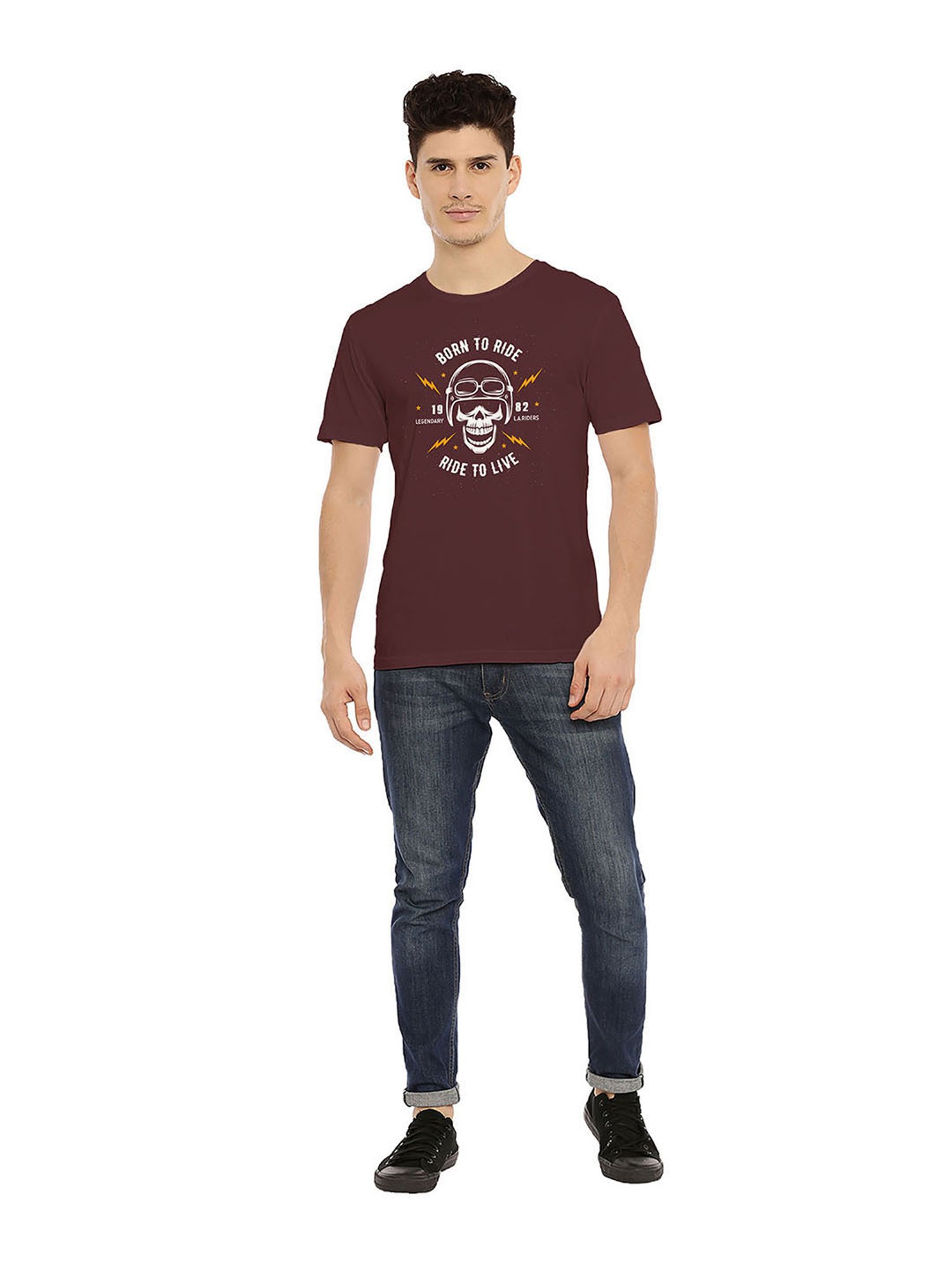 BLACK RADIO Maroon Slim Fit Printed Cotton Crew T-Shirt