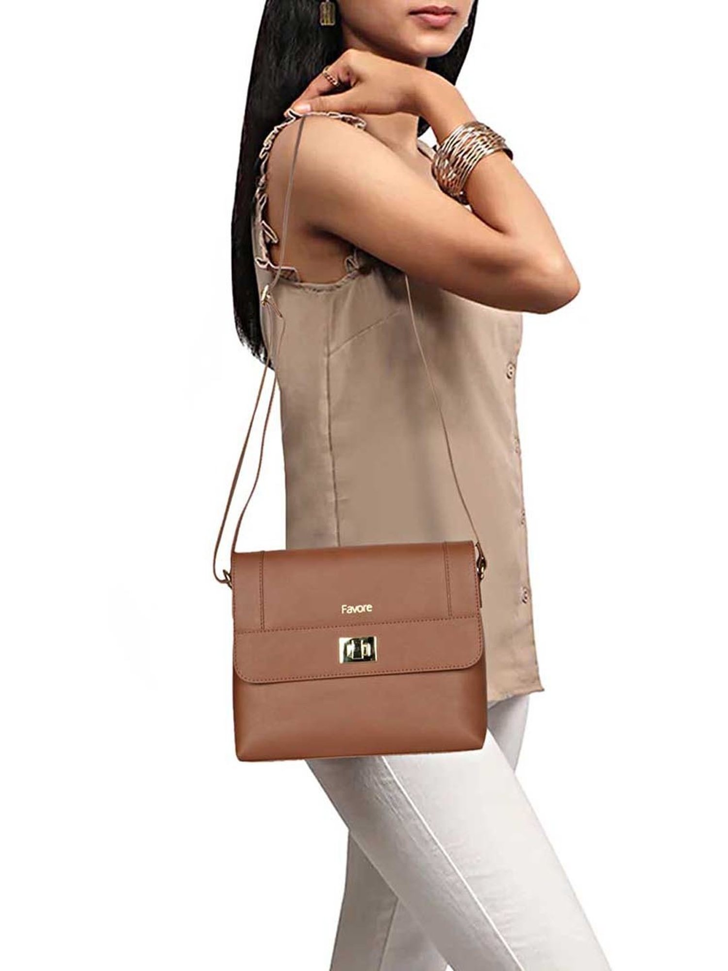 Saint G Tan Solid Medium Sling Handbag