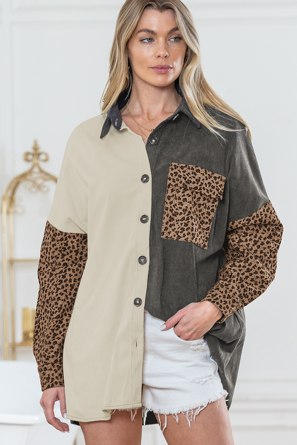 Gray Color Block Leopard Patchwork Casual Corduroy Shacket