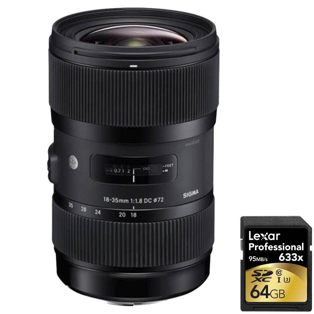 Sigma AF 18-35mm f/1.8 DC HSM Lens for Nikon w/ Lexar 64GB Class 10 Memory Card
