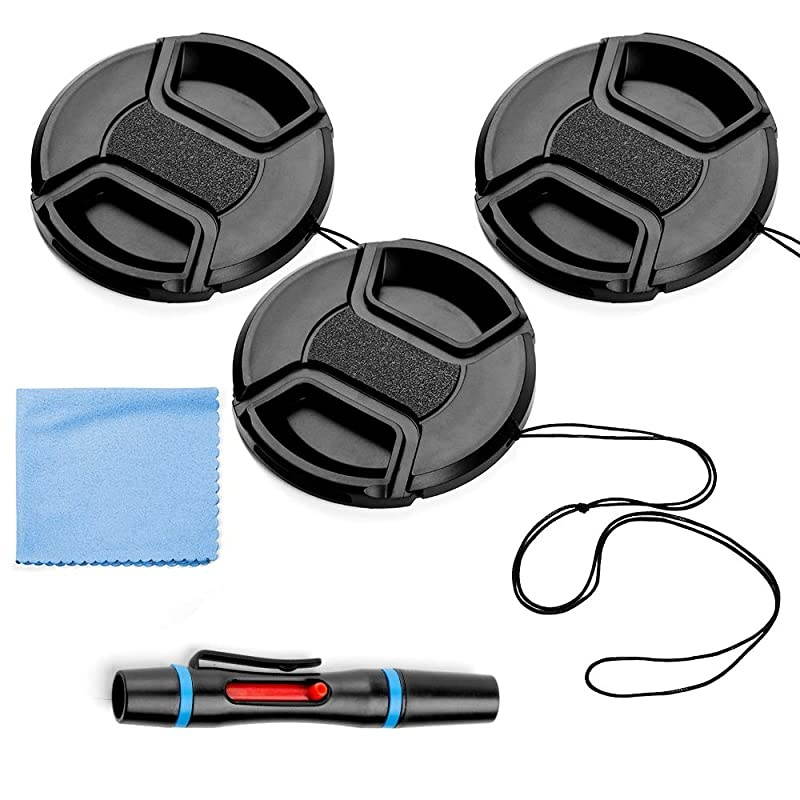 Lens Cap Bundle 3 Pack Universal Snap on Front Centre Pinch Lens Cover Set with Microfiber Lens Cleaning Cloth for Canon Nikon Sony Olympus DSLR Camera + Camera Lens Cleaning Pen