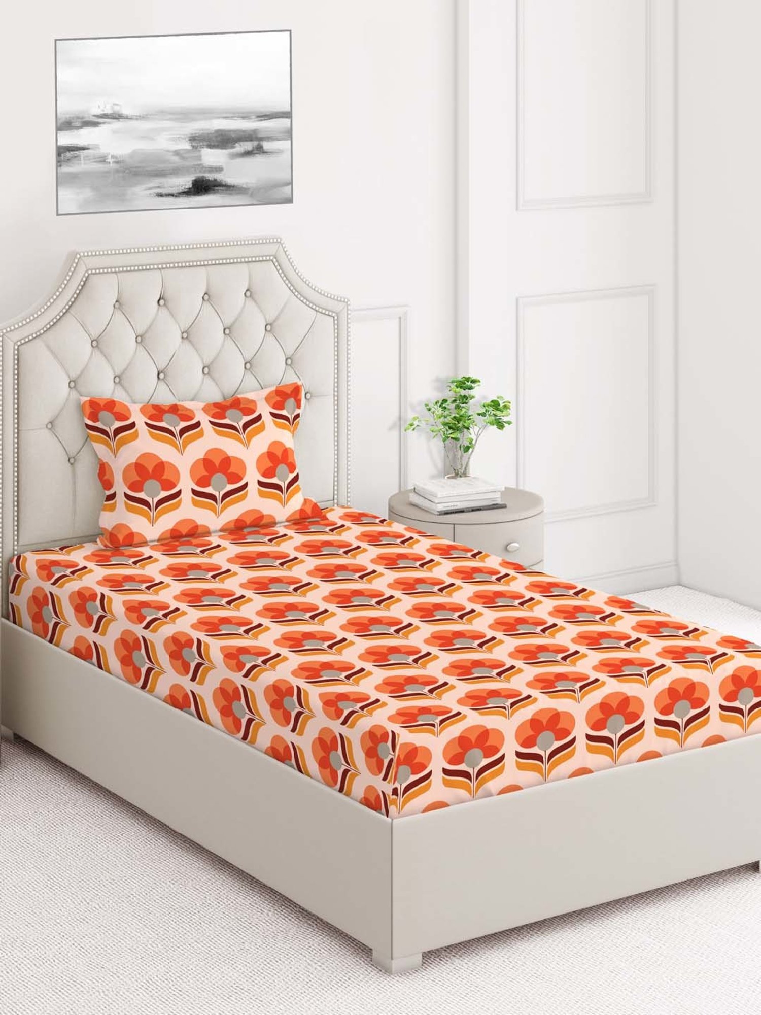 Layers Tuscany Orange Cotton 104 TC Single Flat Bed Sheet With 1 Pillow Cover