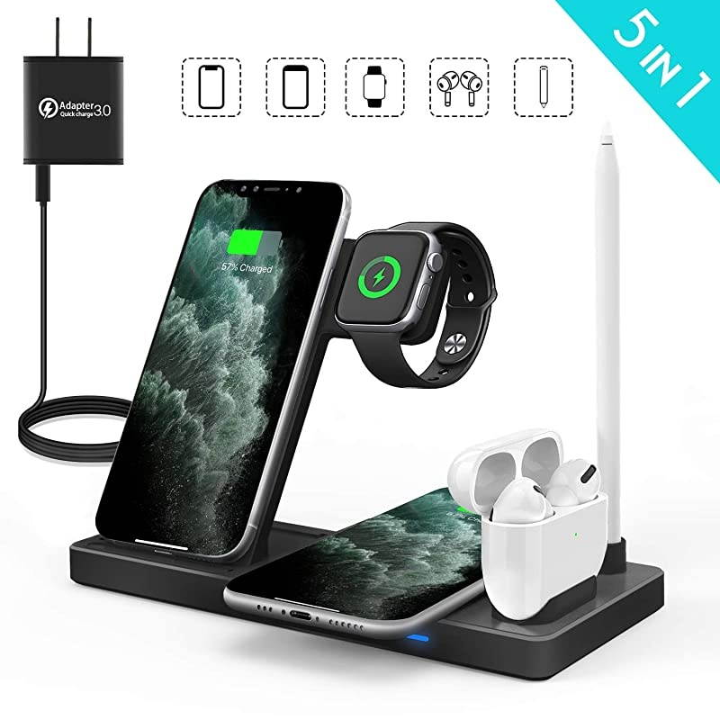 Updated Version,Wireless Charger 5 in 1, Wireless Charging Station for iWatch 6/5/4/3/2/1& AirPods3/2/1 & Pencil & iPhone 12/11/11 Pro Max/XR/XS Max/Xs/X/8/8P Black(No iWatch Charging Cable)