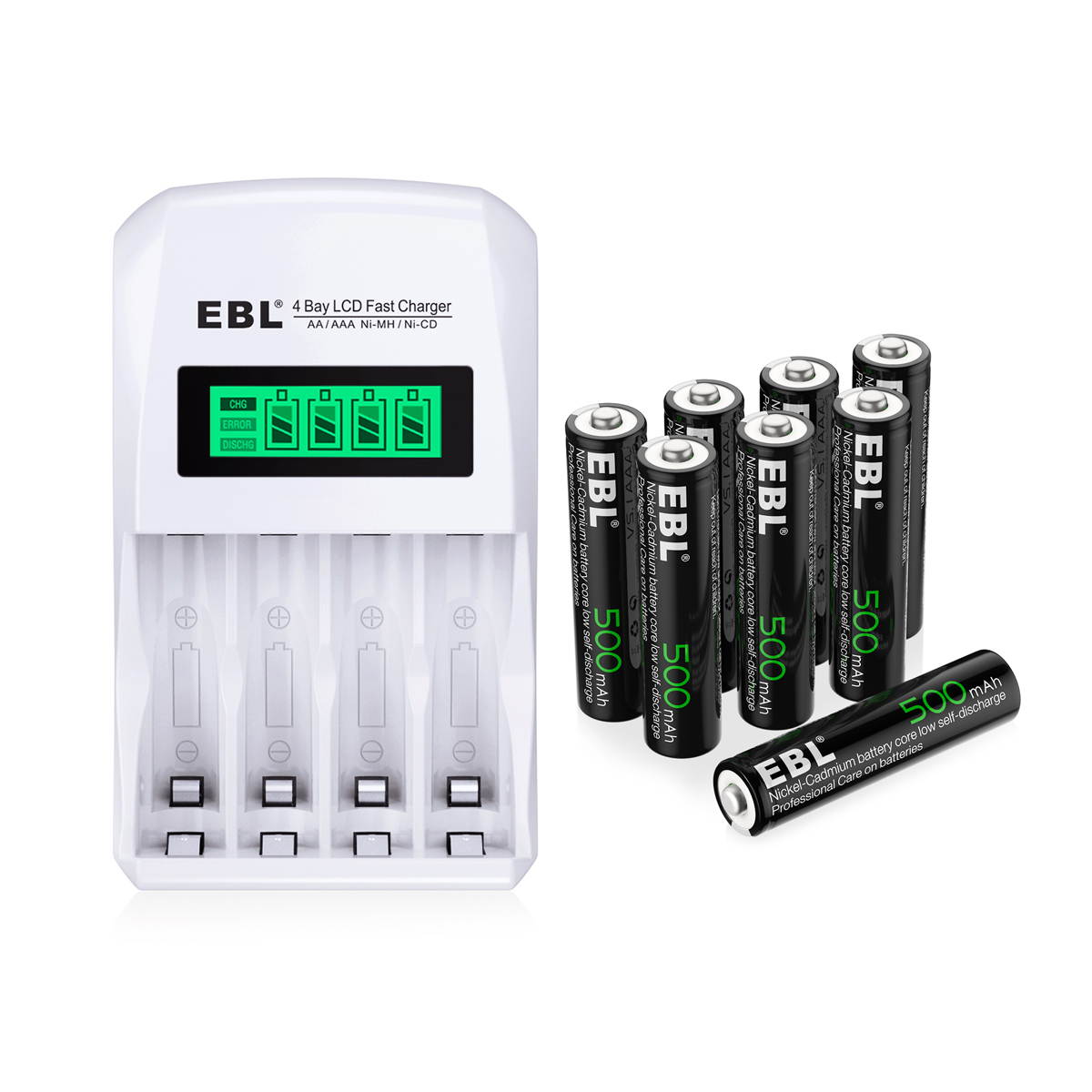 EBL 8 Pcs 500mAh 1.2V AAA Battery for TV Remotes + LCD Smart Individual 907 Battery Charger for AA AAA Ni-MH Ni-CD Rechargeable Batteries