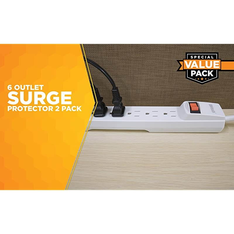41346 Surge Protector with Overload Safety Feature 6 Outlets and 25 ft Cord for 280J of Protection White 2 Pack