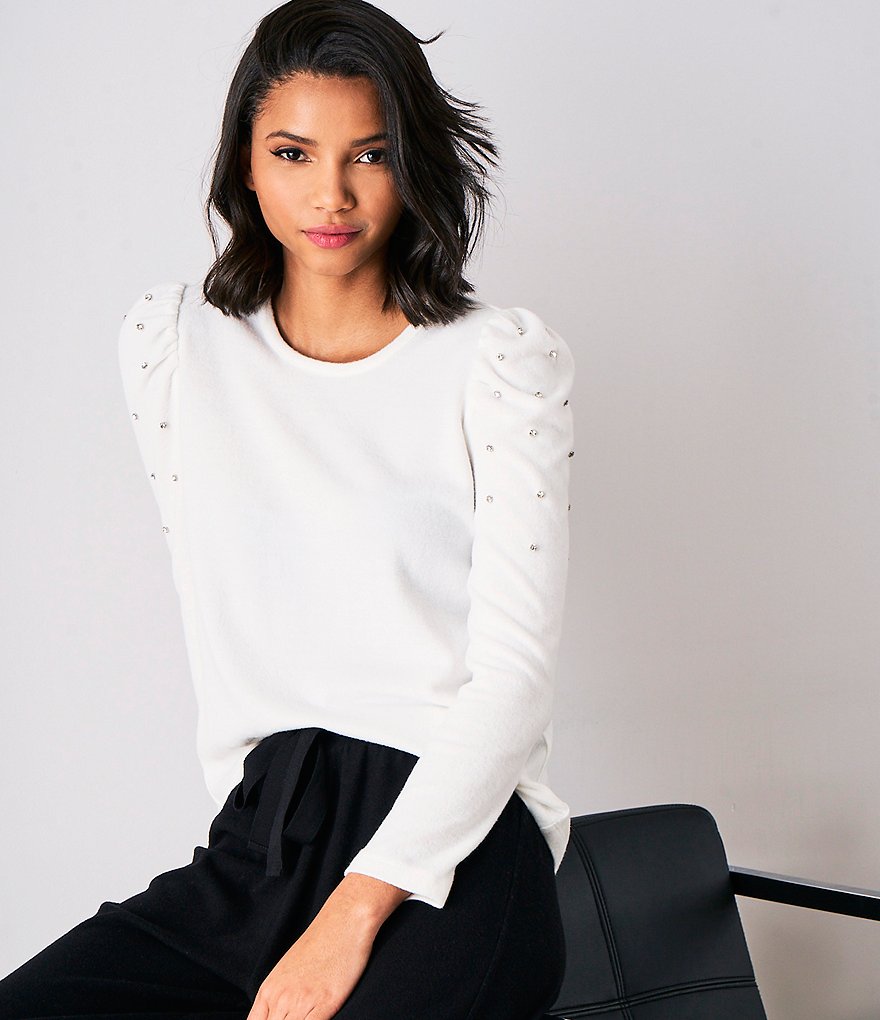 CeCe Long Sleeve Rhinestoned Puff Shoulder Knit Top