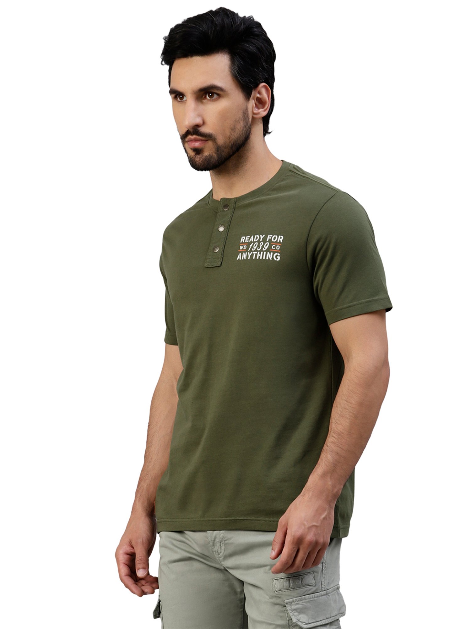Royal Enfield Military Messenger Olive Regular Fit Printed Henley T-Shirt