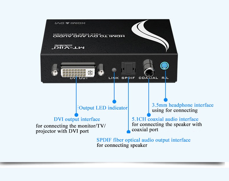 HDMI to DVI FHD Video Converter  SPDIF Coxial 3.5mm L/R Digital Audio Toslink Fibre Optic Stereo Adapter Extractor MT-HDV13