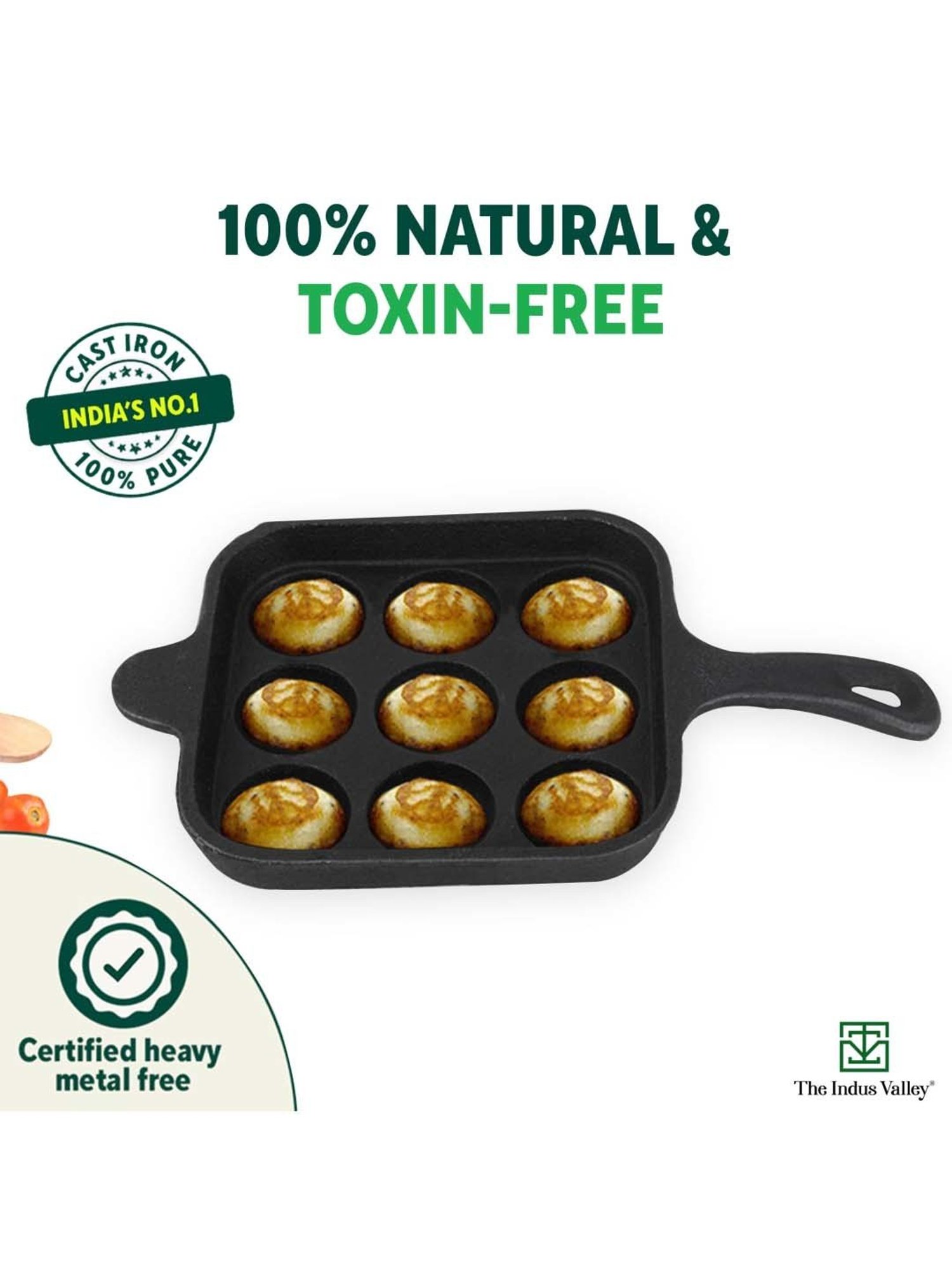 The Indus Valley Black Cast Iron 18cm 9-Pit Paniyaram Pan with Free Wooden Picker