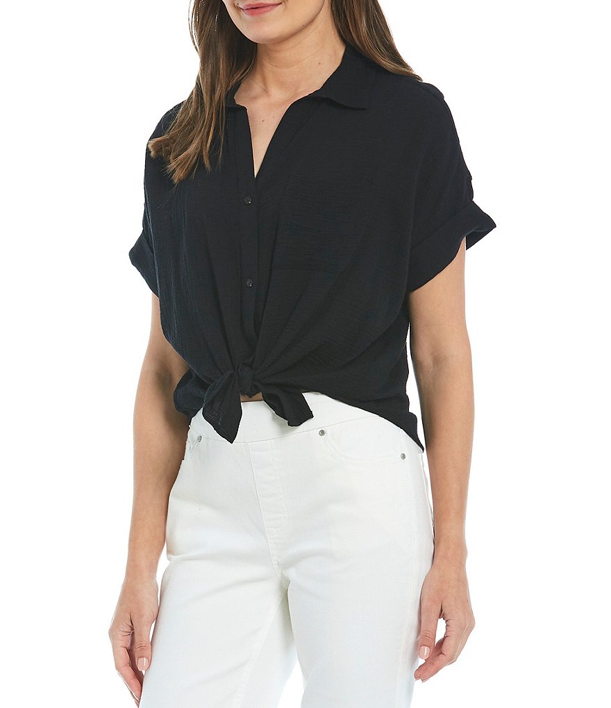 Westbound Petite Size Drop Shoulder One Pocket Tie-Front Shirt
