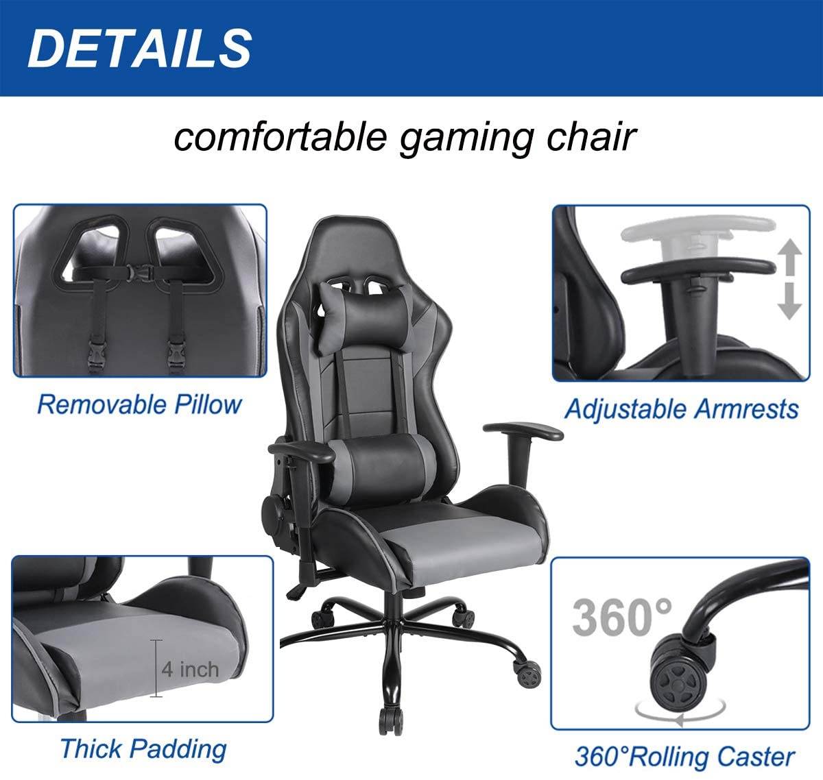 SMUGDESK Gaming Chair, Ergonomic Office Chair Racing Style Computer Gaming Chair High Back Game Chairs Comfortable Desk Chair with Lumbar Support, Grey