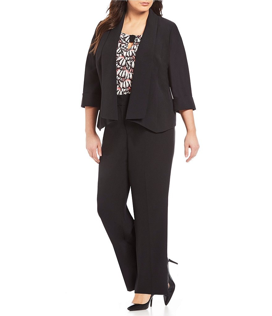 Kasper Plus Size Stretch Crepe Stand Combo Collar One Button Jacket