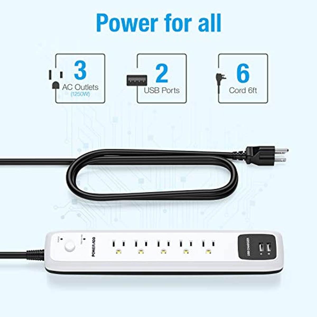 6Outlet + 2 USB 1050 Joule Surge Protector Power Strip with 25Ft Long Extension Cord White UL Listed