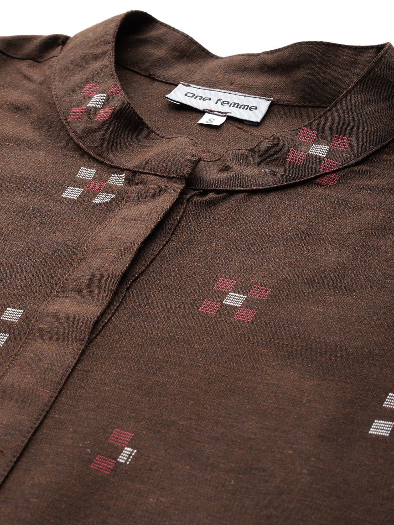 One Femme Brown Cotton Embroidered A Line Kurti