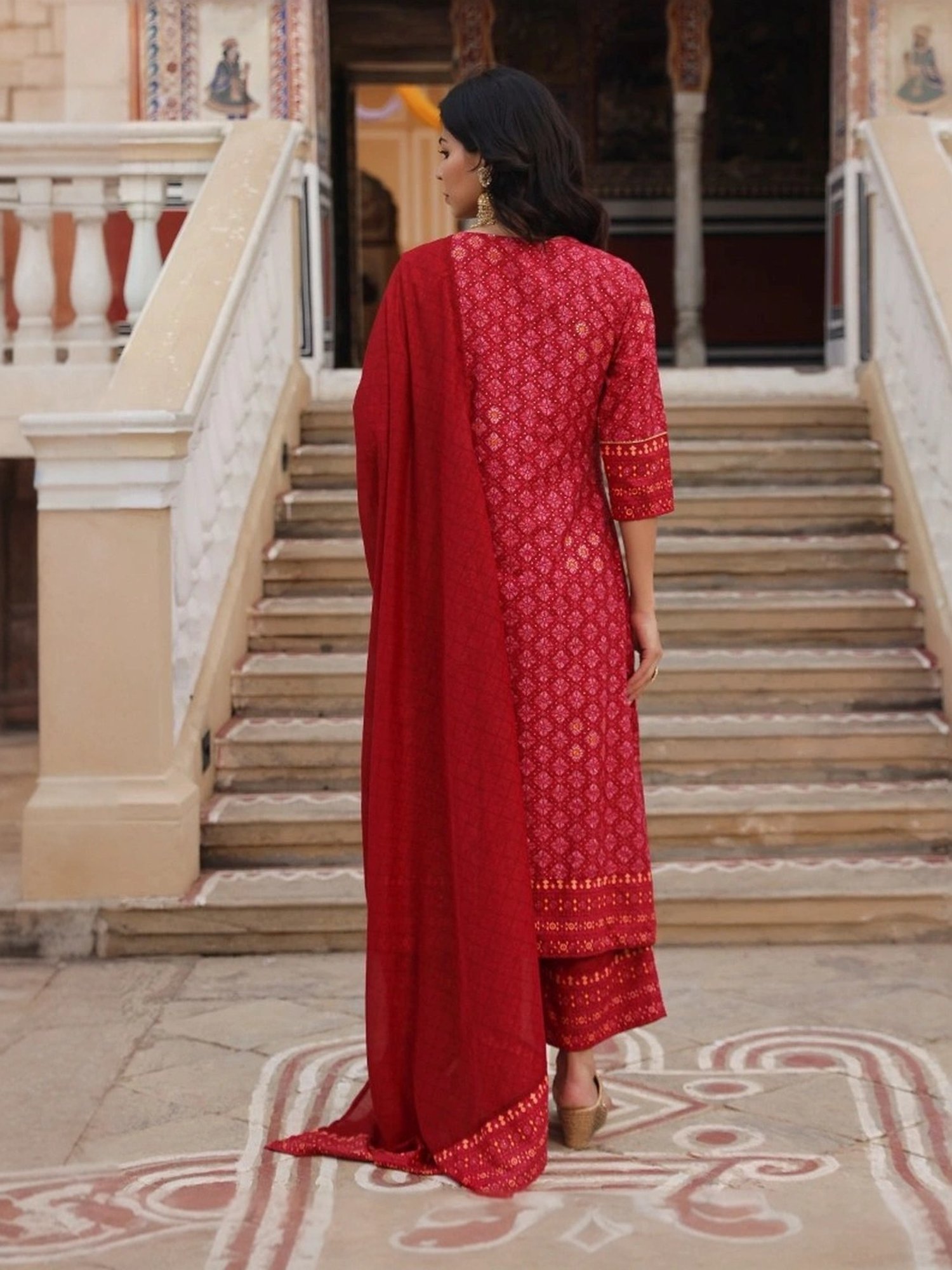 Juniper Red Cotton Embellished Kurta Pant Set With Dupatta