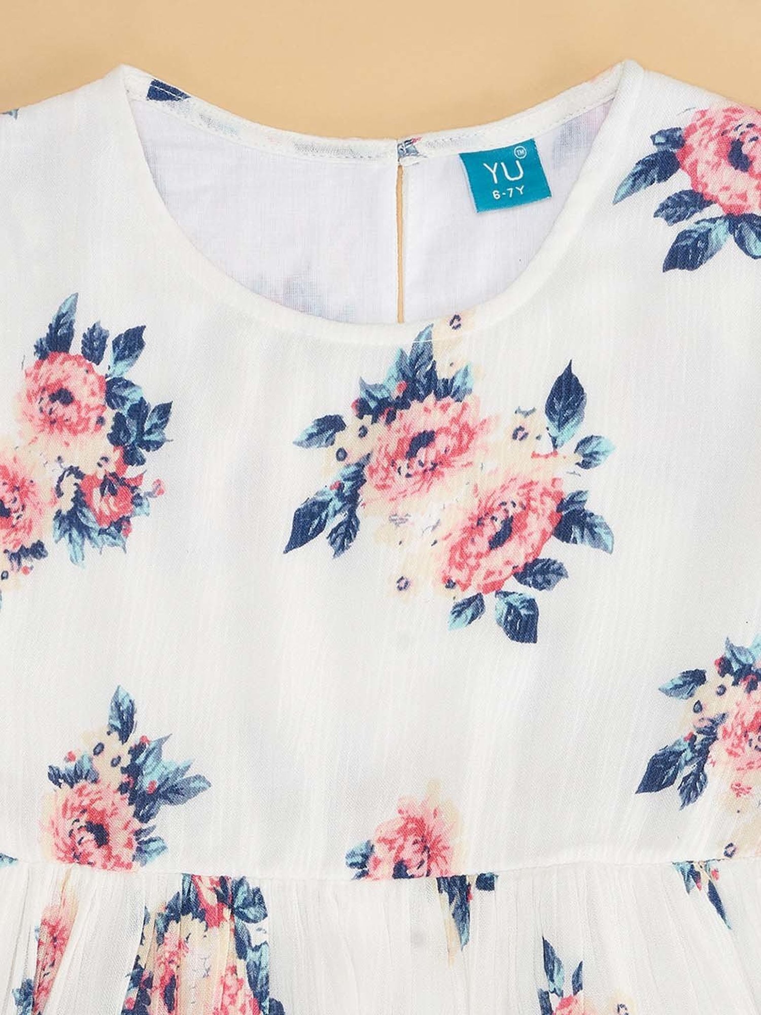 YU by Pantaloons Kids White & Peach Floral Print Dress