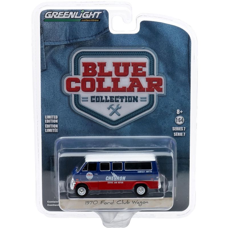 1970 Ford Club Wagon Van "Chevron Service & Repair Courtesy Shuttle" Blue and Red with White Top 1/64 Diecast Model Car by Greenlight