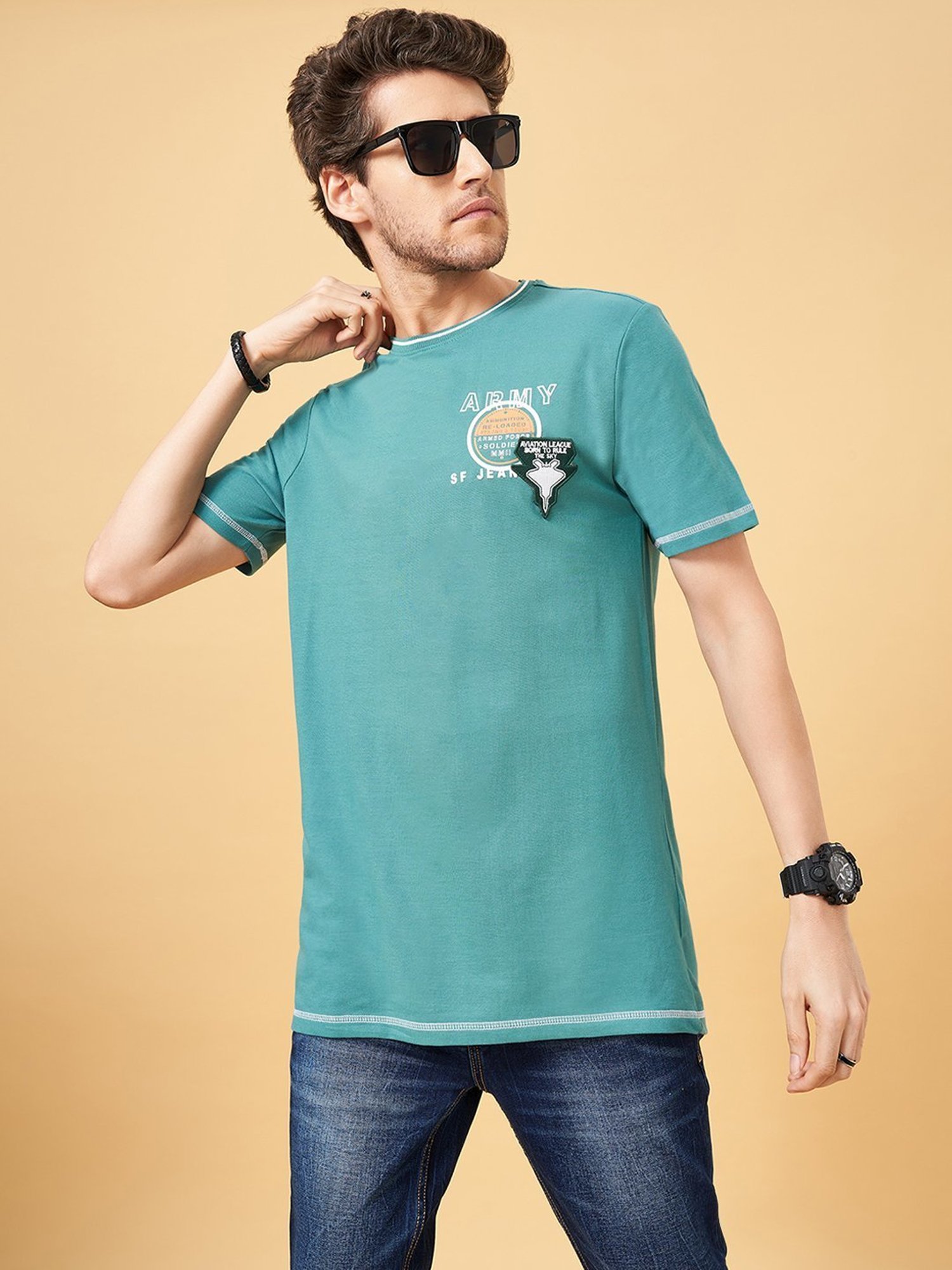 Sf Jeans By Pantaloons Dusty Turquoise Slim Fit Printed T-Shirt