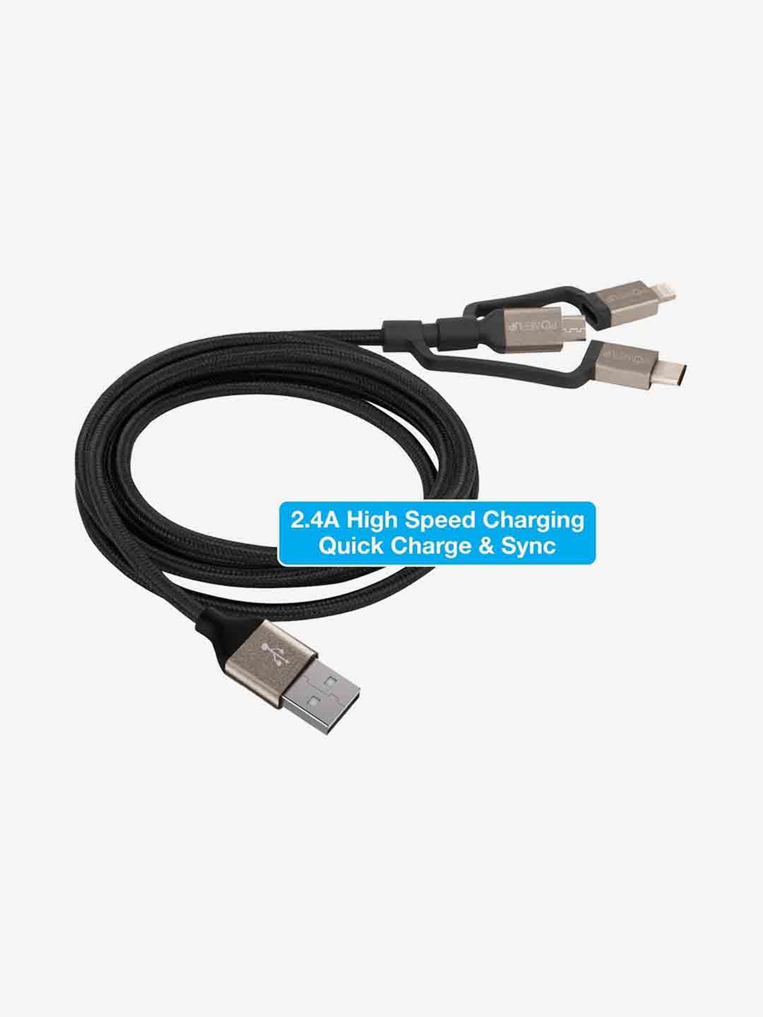 Powerup Stay Charged Usb To Lightning, Type C, Micro Apple Mfi Certified 1.5M (Black)