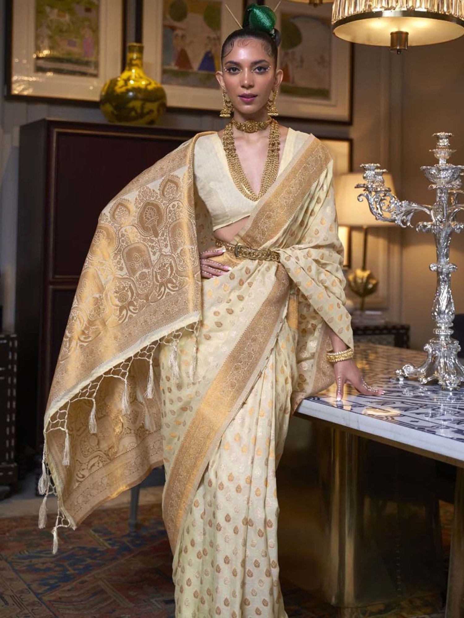 Elora Beige Woven Saree With Unstitched Blouse