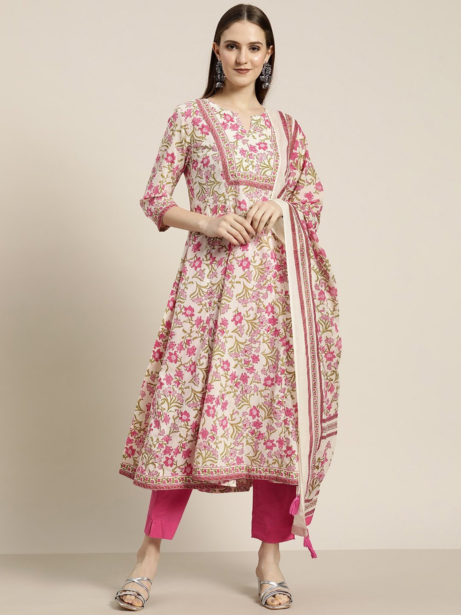 Rain and Rainbow Pink Floral Print Kurta With Pant & Dupatta