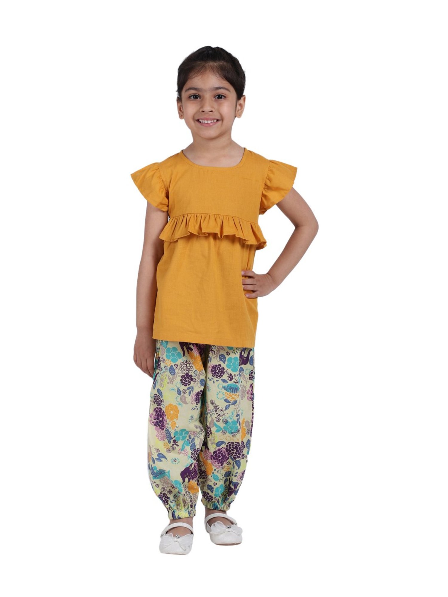 BownBee Kids Orange Cotton Floral Print Kurta & Harem Pants