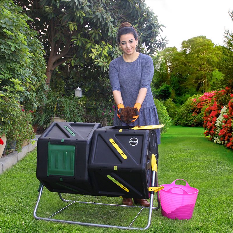 Miracle-Gro DFDC210 Dual 105 Liter 28 Gallon Bin Spinning Tumbling Aeration Garden Waste Soil Composter with 3 Piece Hand Tool Kit, Black