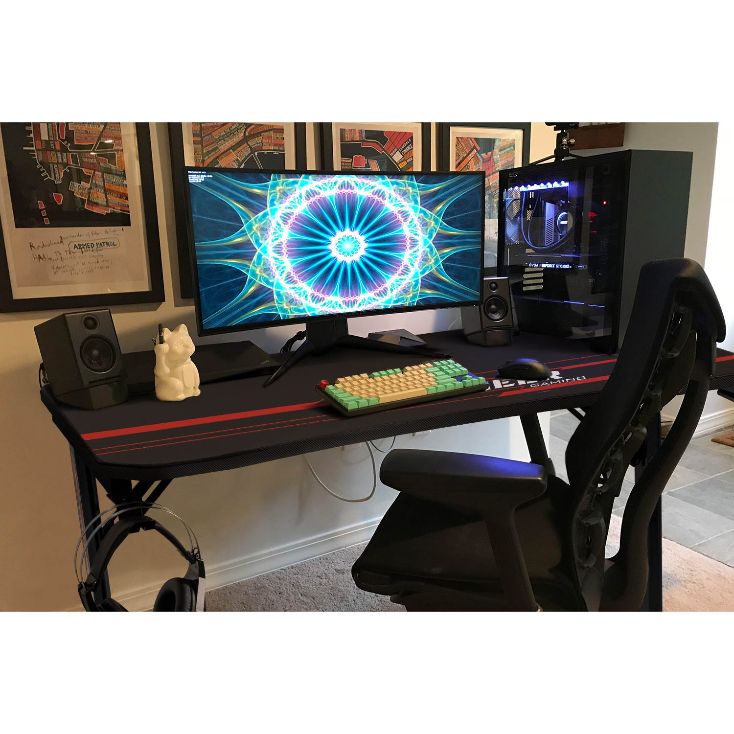 Devoko 43 Inch Gaming Desk T-Shaped PC Computer Table with Free Mouse Pad Carbon Fibre Surface Home Office Desk Gamer Table with Game Handle Rack Headphone Hook and Cup Holder (Black)