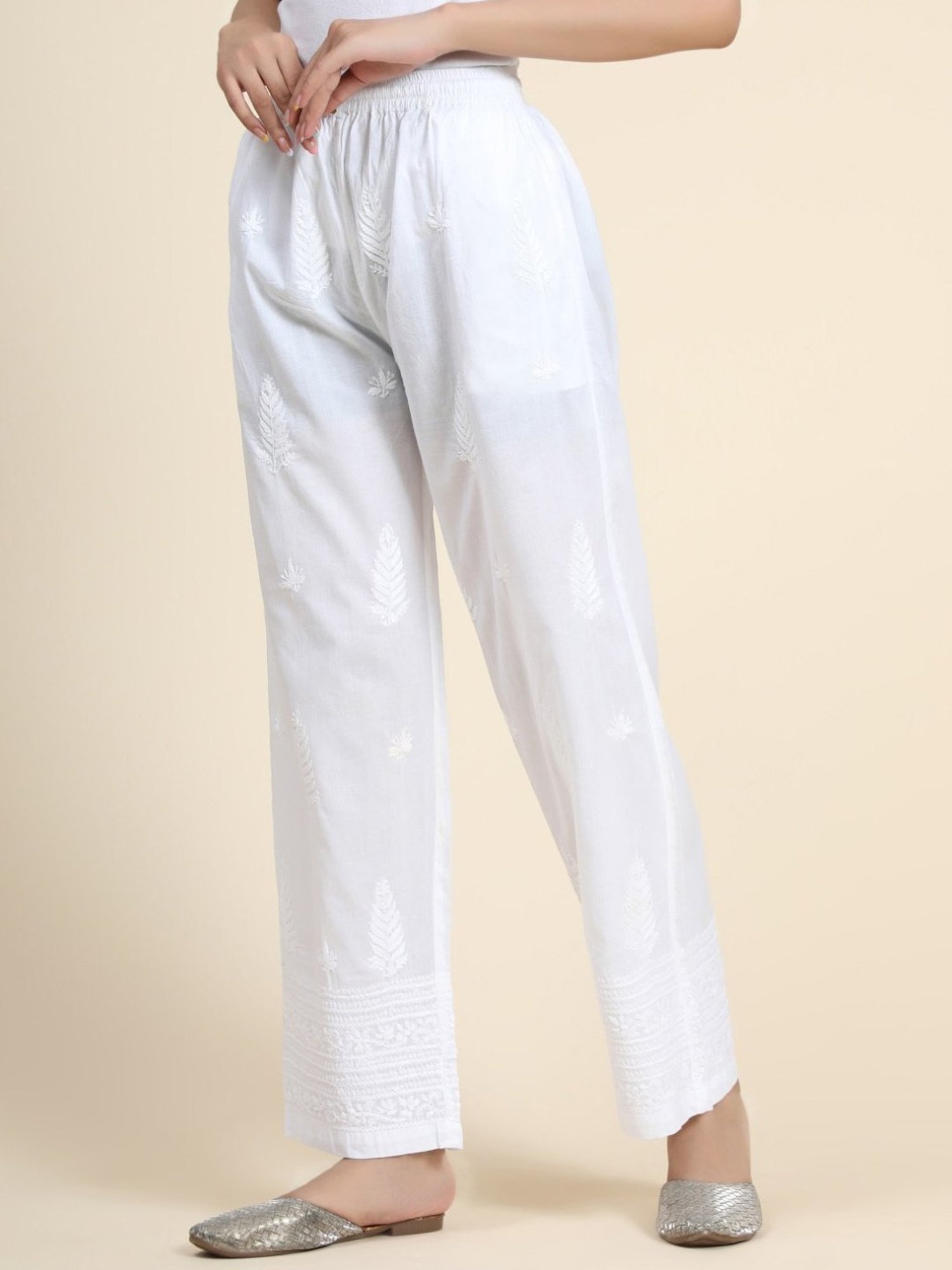 House Of Kari HOK Chikankari White Cotton Pant Trouser