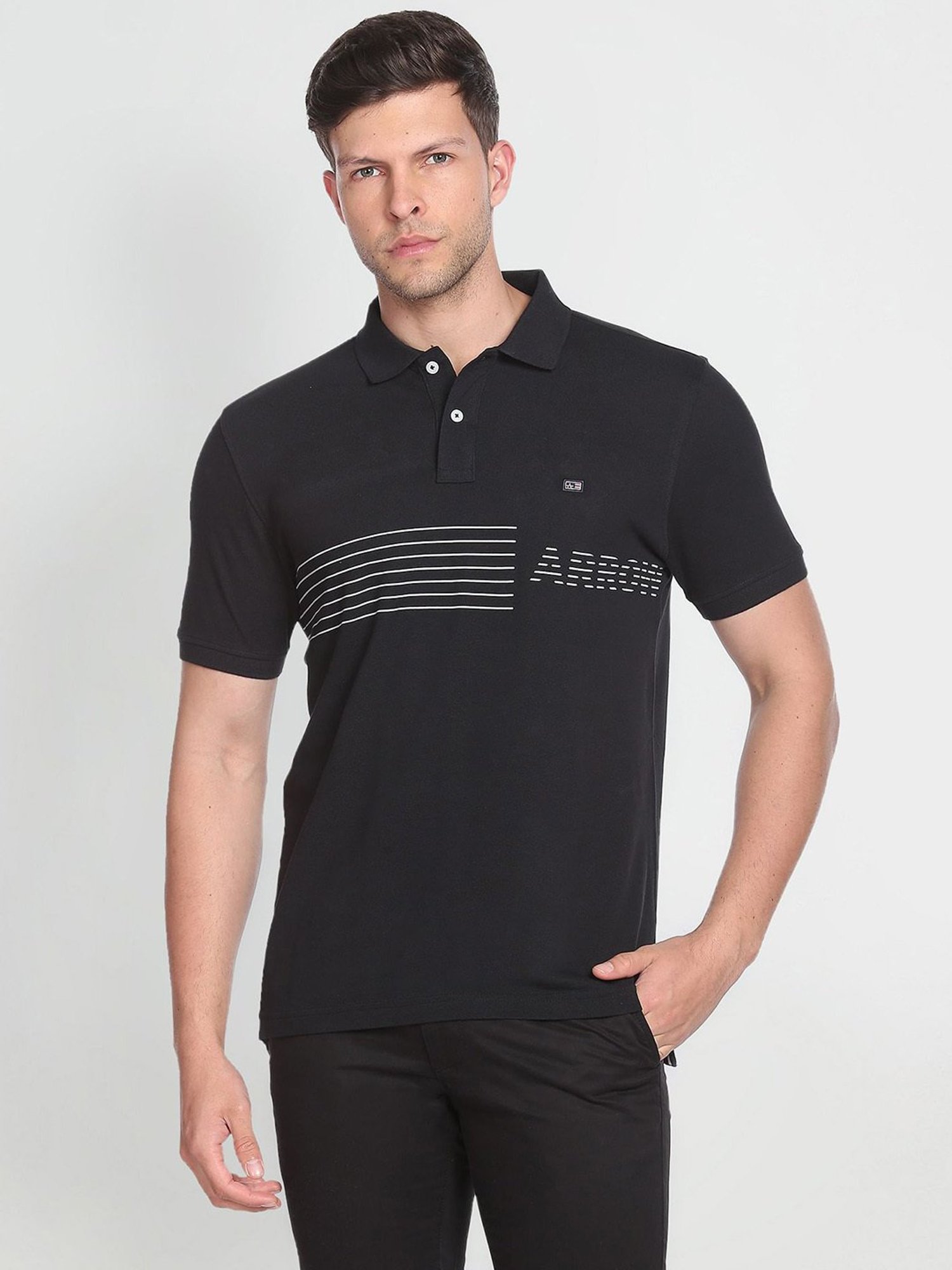 Arrow Sport Black Cotton Regular Fit Striped Polo T-Shirt